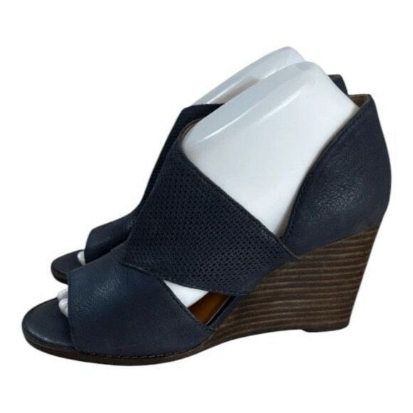 Lucky Brand Jedrek Women Wedge Boots Size 7.5 Leather Blue Heel Zip Peep Toe - Picture 1 of 12